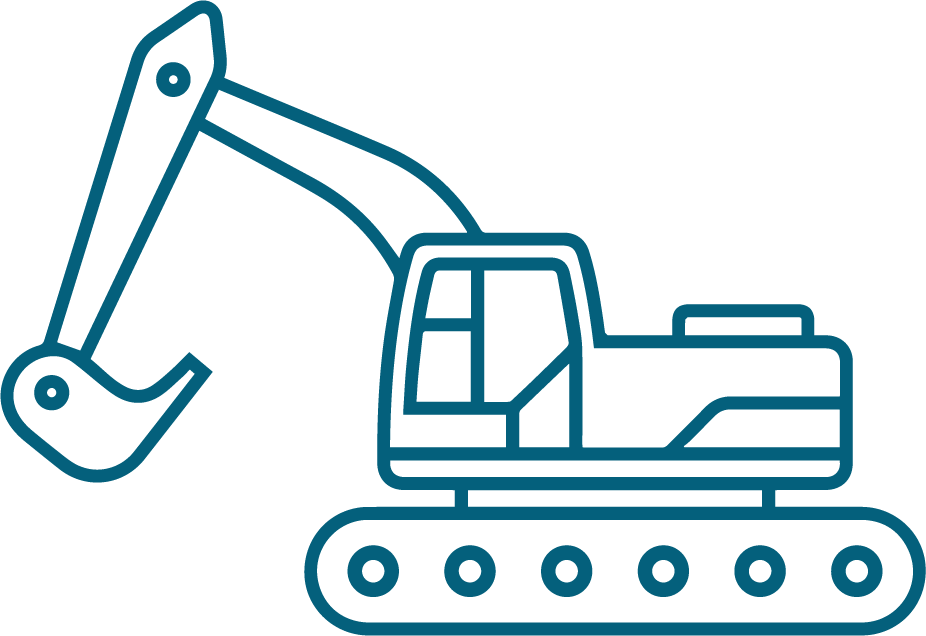 Outline of an excavator used to complete bulk earthworks by BSH, representing the Earthworks and Site Preparation service. This service is typically offered by remediation contractors.